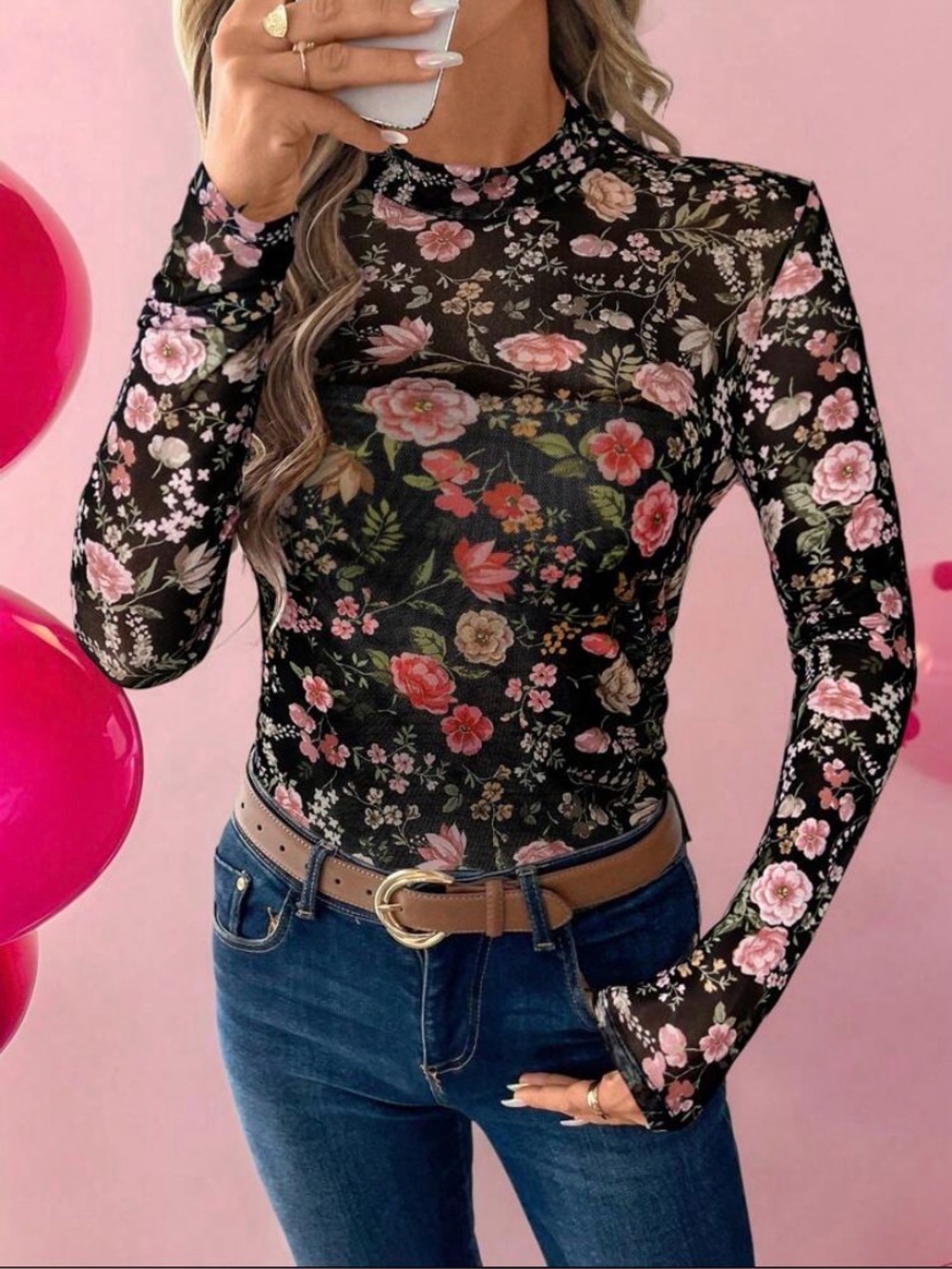 Stretch Mesh Printed Printed High Neck Slim Fit Long Sleeve Size XL